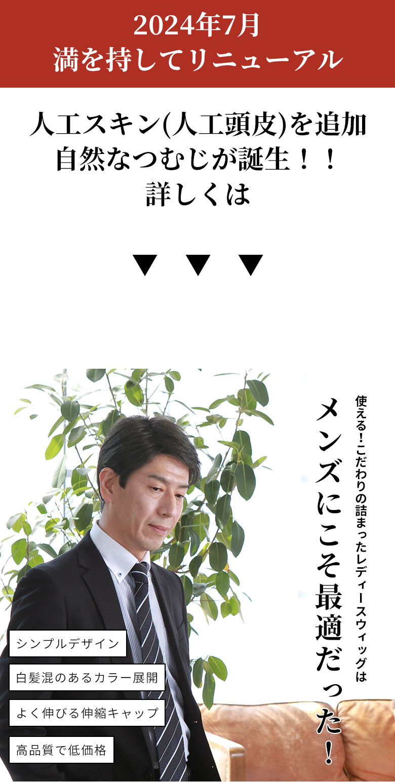 使える！こだわりの詰まったレディースウィッグはメンズにこそ最適だった！シンプルデザイン　白髪混のあるカラー展開　よく伸びる伸縮キャップ　高品質で低価格