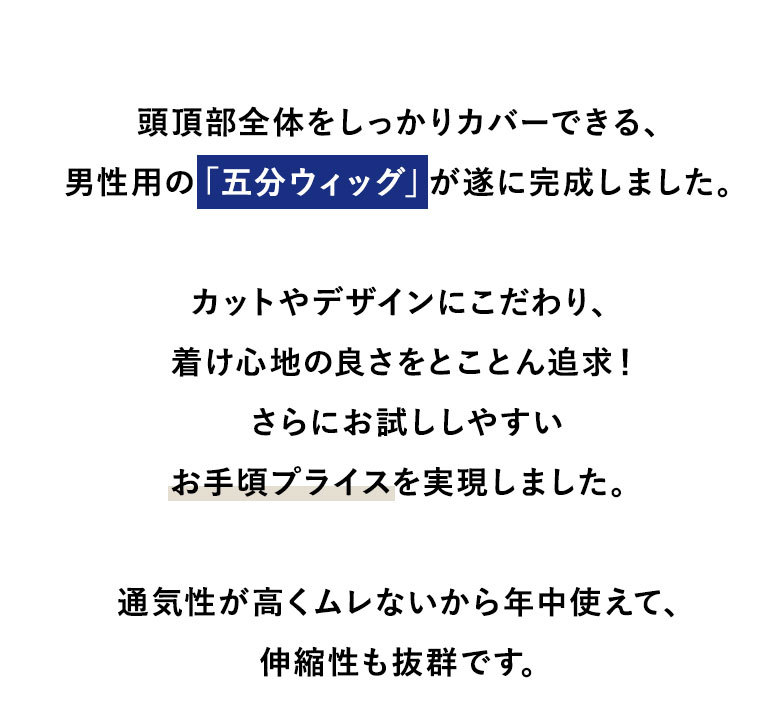 頭頂部全体をしっかりカバーできる男性用の五分ウィッグ、お手頃プライス、通気性が高くムレないから年中使えて伸縮性も抜群です