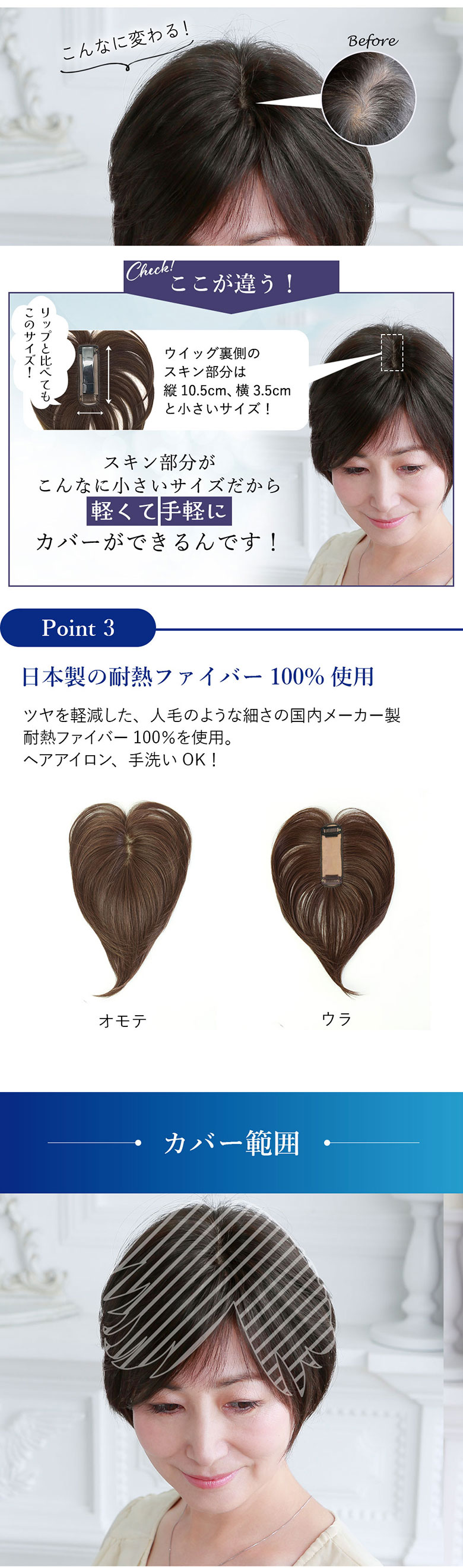 白髪隠しウィッグ分け目タイプのカバー範囲