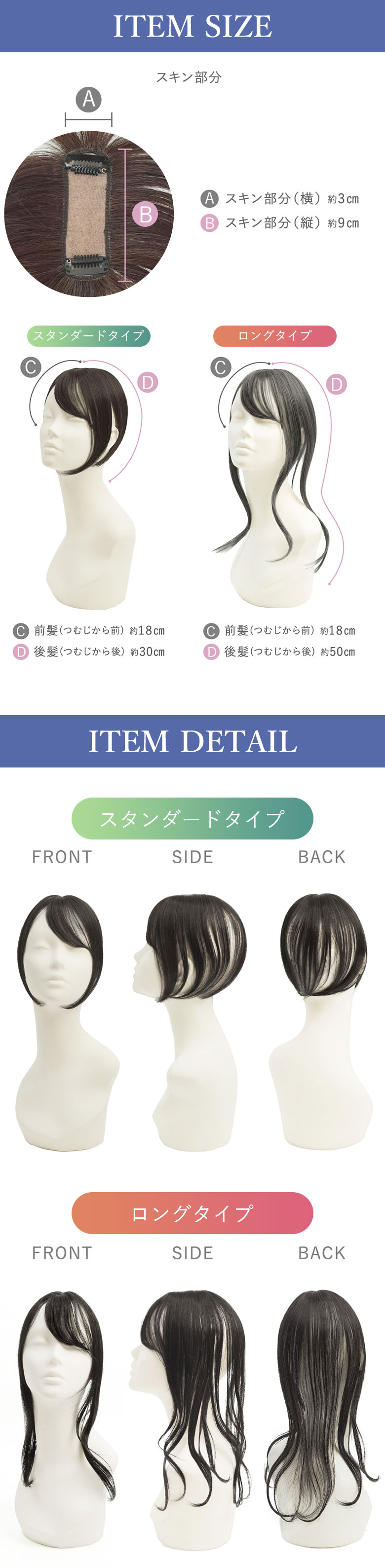 ちょびっと白髪隠しウィッグロング・スタンダードのサイズとディテール