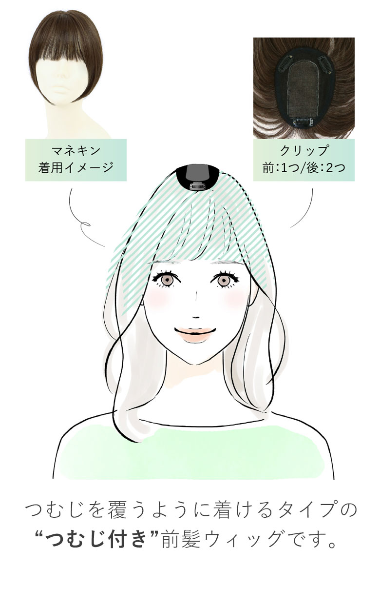 つむじを覆うように着けるタイプのつむじ付き前髪ウィッグです。
