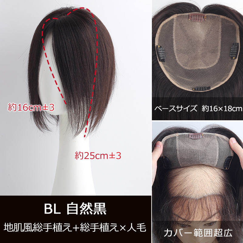 私元気 【特大面積 16×18cm】自然 通気性 軽量 分け目自由 高品質人毛 