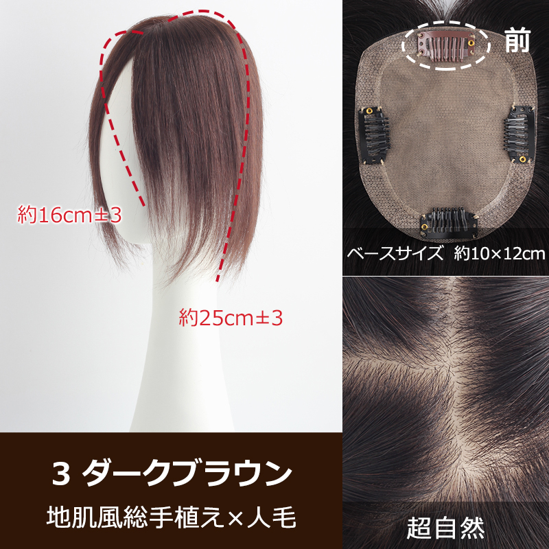 部分ウィッグ 全国カット 返品交換OK 大面積 10×12cm 自然 通気性 分け目自由 人毛 総手植え 白髪かくし 25cm 薄毛 トップカバー 頭頂部 私元気 BHADS1012-25の画像