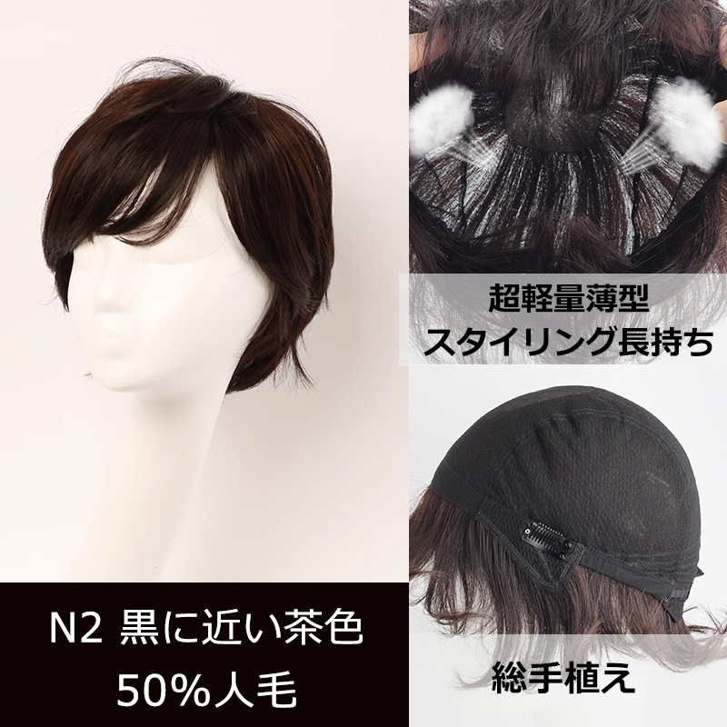 新品医療用ウィッグ ショートヘア ブラウン 総手植え RINGSJapan 私元気 人毛ミックス フルウイッグ 全国カット 返品OK ショート 超軽量