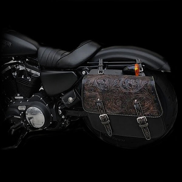 バイク サドルバッグ 本革 カービング ハーレー /アメリカン ブラック カスタム Hand Tooled Carved Leather