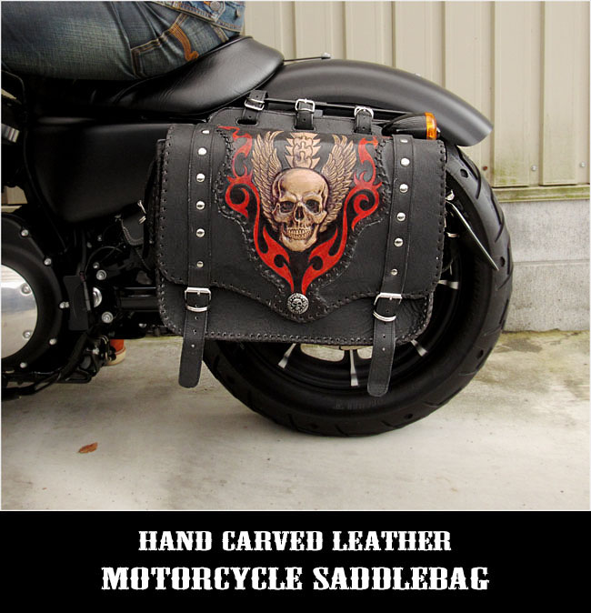 レザーサドルバッグ スカル ドクロ カービング バイク用 ハーレー