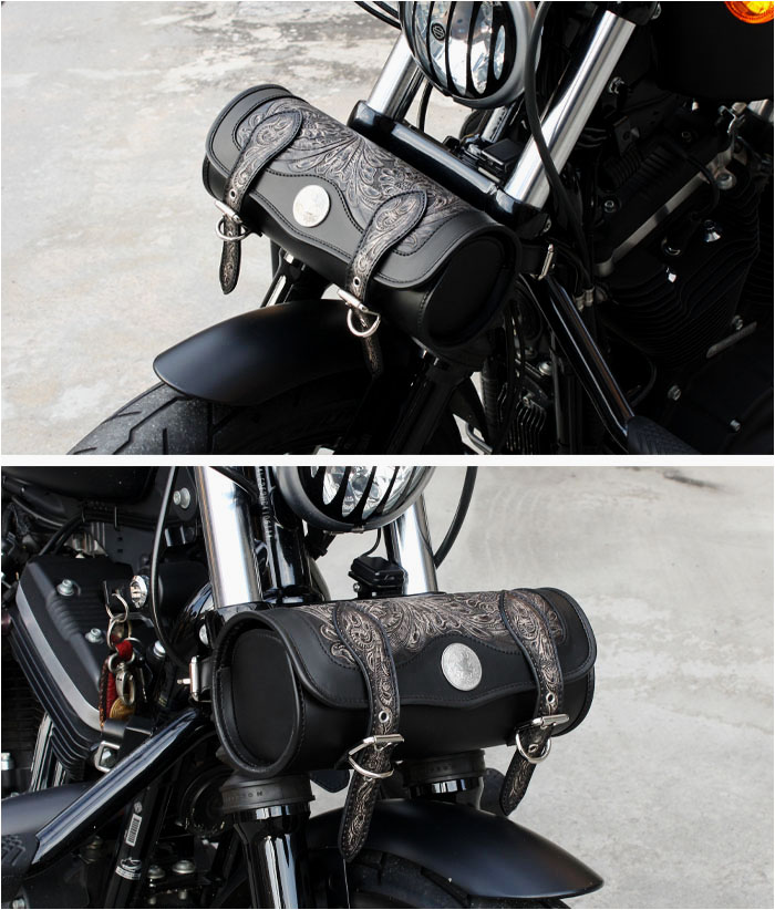 レザー ツールバッグ 本革 フォークバッグ カービング バイク用