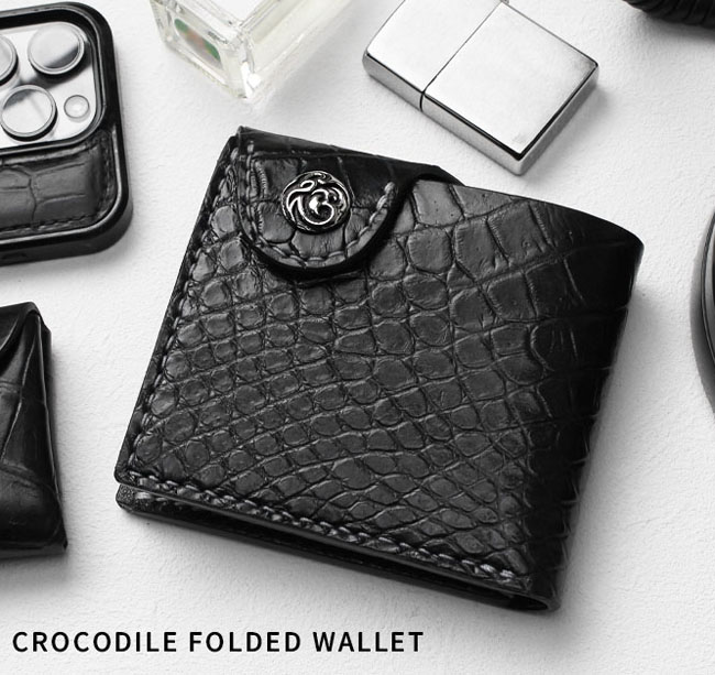 二つ折り財布 ワニ革 クロコダイル 本革 ショートウォレット ブラック