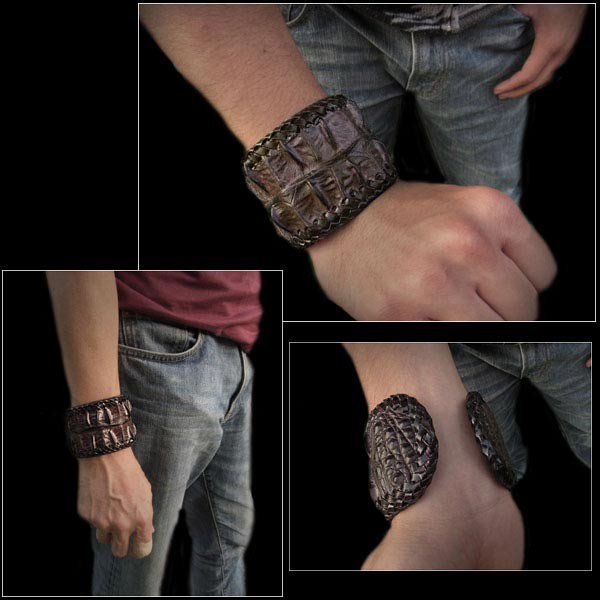 クロコダイル　バングル　ブレスレット　リストバンド　ワニ革　牛革/レザー　ブラウン Crocodile Skin Leather Bracelet  Wristband Cuff Bangle Dark Brown WILD HEARTS Leather&Silver (ID lb3117r93)