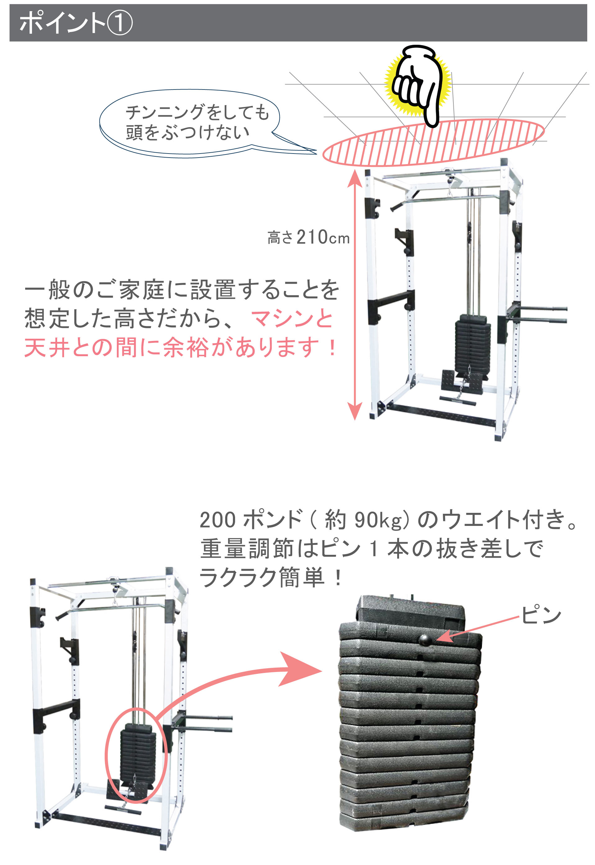 200パワーラックフルモデル / WILD FIT ワイルドフィット パワーラック トレーニングマシン ラットプルダウン 筋トレ ベンチプレス バーベル｜wildfit｜03