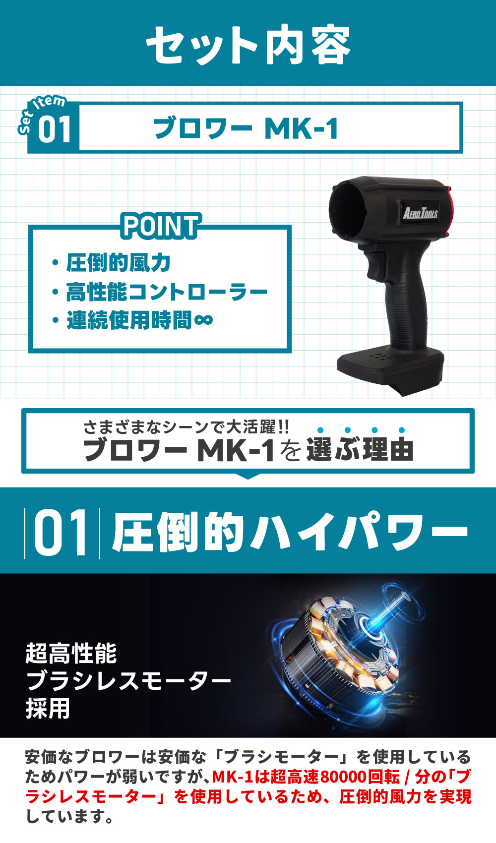 AERO TOOLS 強力ブロワー MK-1 & マキタ互換 バッテリー 18V 5.2Ah