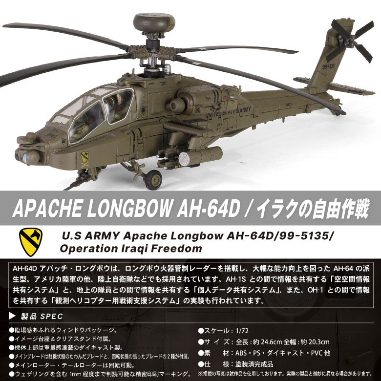 メタルプラウド ダイキャストモデル 1/72 AH-64D アパッチ ロングボウ ヘリコプター アメリカ陸軍 イラクの自由作戦 スタンド 付き 模型  完成品 塗装済み グッズ