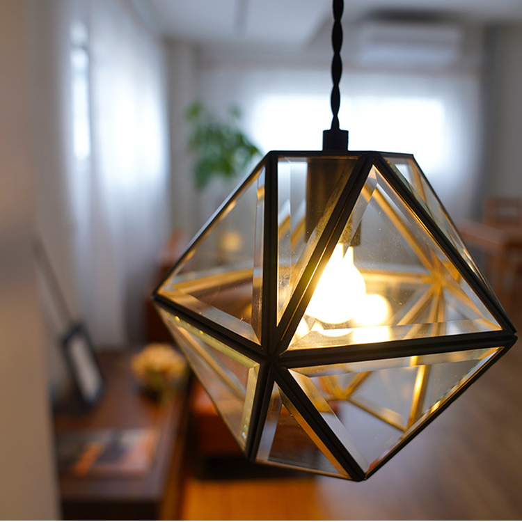 ペンダントライト 1灯 LED E17 真鍮 多角形 星 カットガラス ブラック