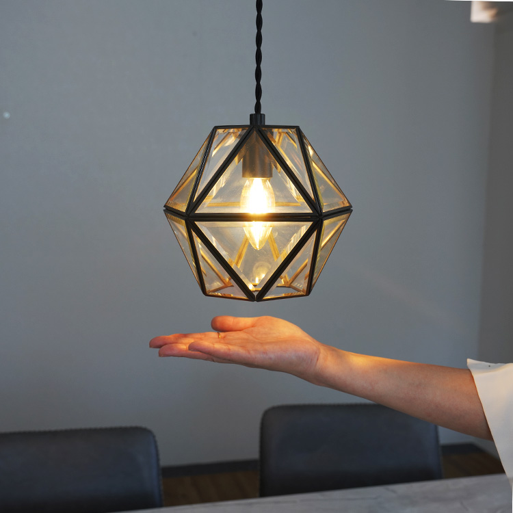 ペンダントライト 1灯 LED E17 真鍮 多角形 星 カットガラス ブラック