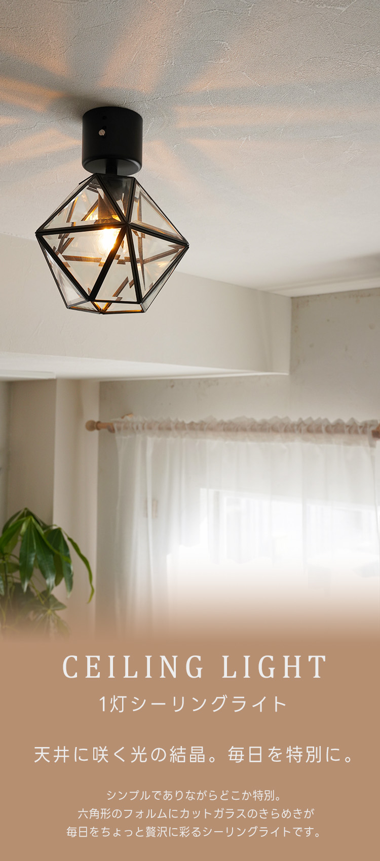 シーリングライト 1灯 E17 LED カットガラス 真鍮 おしゃれ 北欧 黒