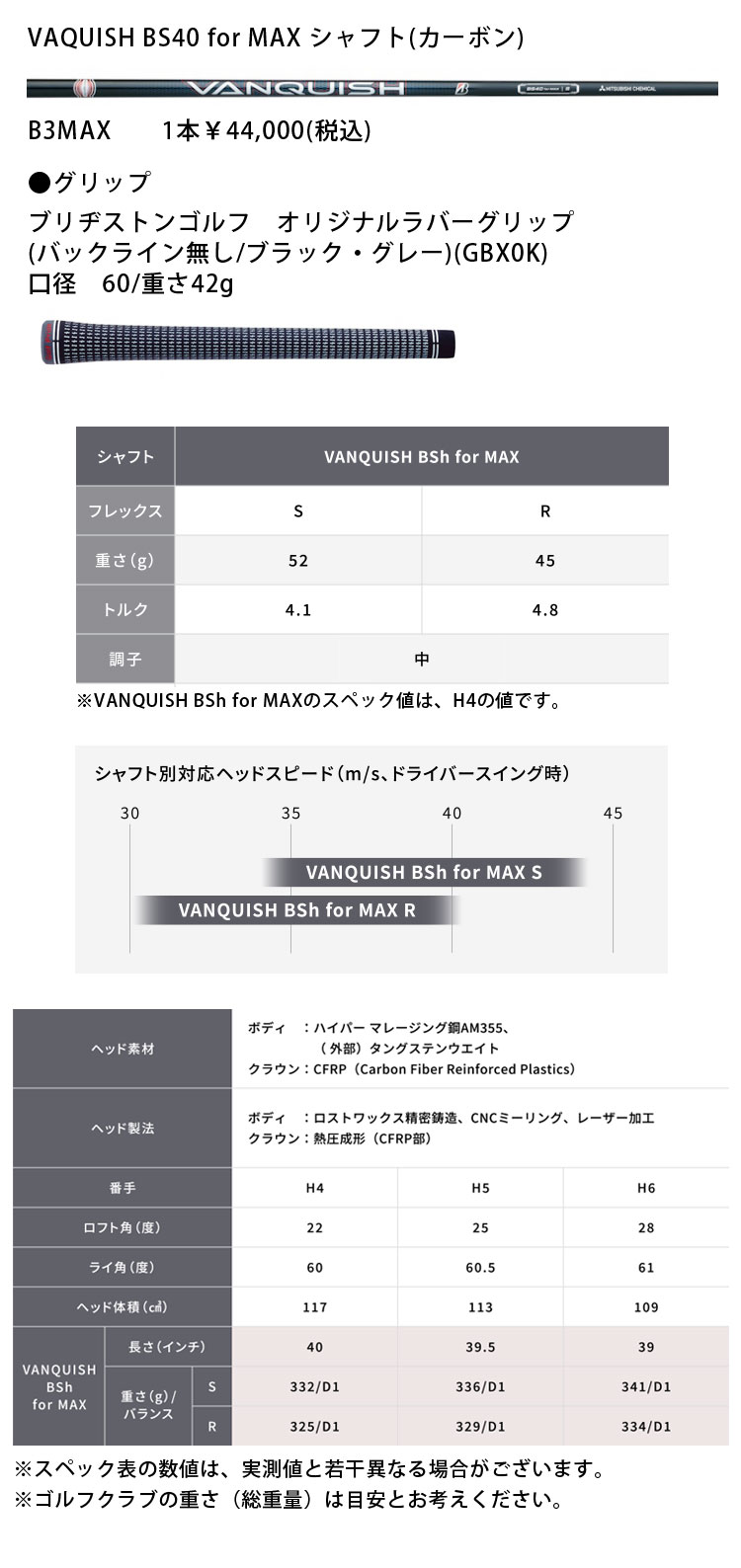 VANQUISH カーボンシャフト 標準長 BRIDGESTONE GOLF ブリヂストンゴルフ B3MAX ユーティリティ