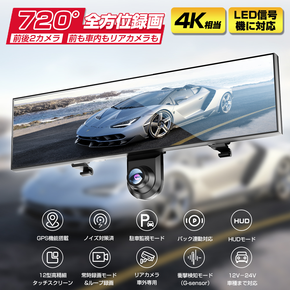 超目玉 2022年新型 世界初720°ドライブレコーダー ミラー型 全方位録画