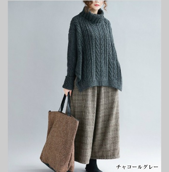 ニット ケーブル編みオフタートルドルマンセーター レディース