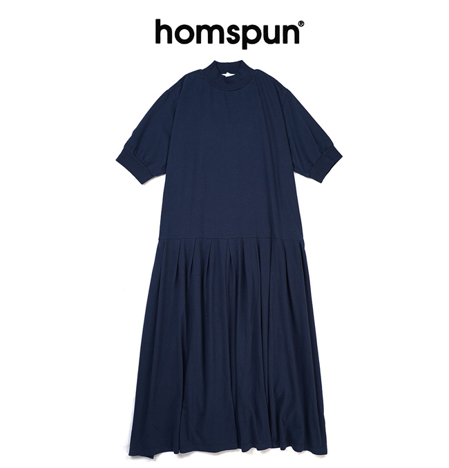 ホームスパン homspun 半袖ワンピース　ネイビー homspun homspun ホームスパン 30/1天竺 ハイネック半袖