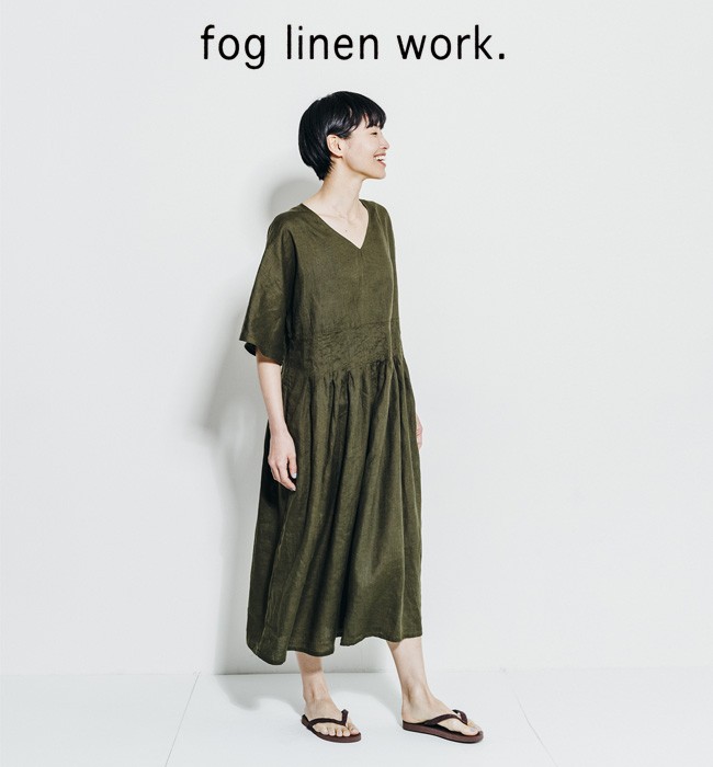 セール フォグリネンワーク Fog Linen Work Flw ワンピース レディース ベージュ Vネック 七分袖 ひざ丈 限定製作 Carlavista Com