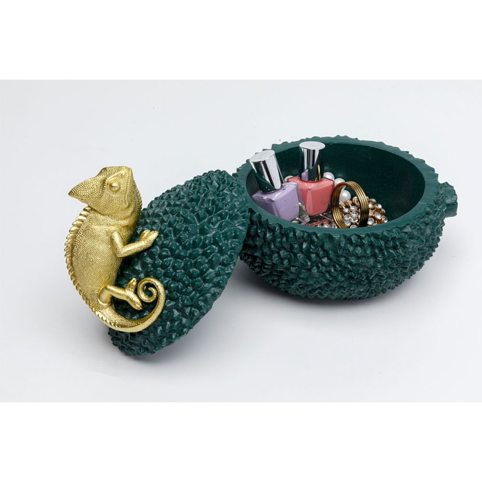 カメレオン付き青緑色装飾ボックス カメレオン デコボックス 小物入れ 爬虫類 おしゃれ 金 グリーン