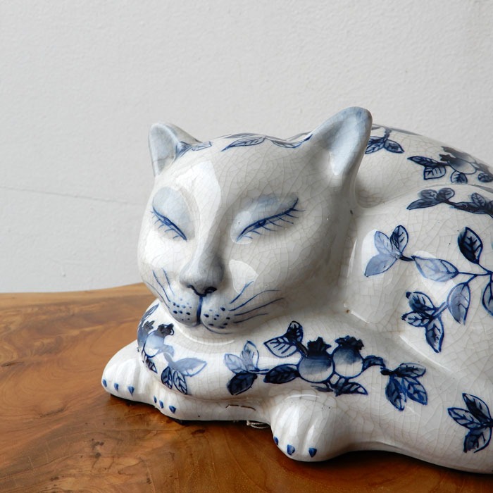 染陶器 猫 赤絵/青花 ねこ ネコ シノワズリ オリエンタル 和モダン