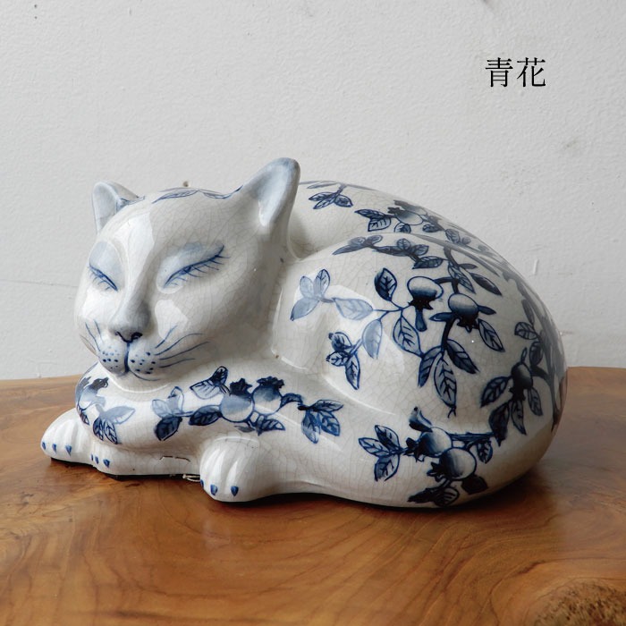 染陶器 猫 赤絵/青花 ねこ ネコ シノワズリ オリエンタル 和モダン