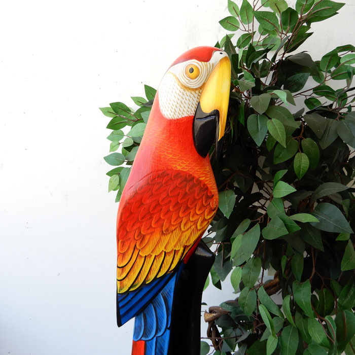 木彫りオウムLレッド オウム parrot パロット スタンドウッド wood