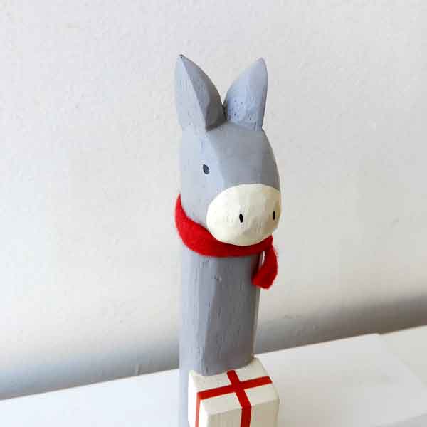 クリスマス 雑貨 X'mas 小物 動物 アニマル 置物 木彫り キツネ ロバ