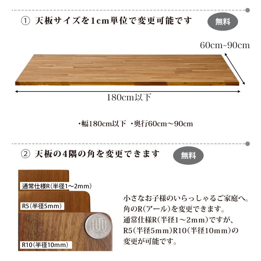 寸法 / サイズ 基本の販売サイズは横幅180cm×奥行90cm、大人4人〜6人がご利用いただくのに丁度いい大きさ。 ●天板：横幅180×奥行90cm ●天板の厚さ：3cm ●脚の太さ：6×6cm ●脚の長さ：68cm 設置無料 ご希望の場所へ設置まで全てお任せ♪ ご希望の設置場所を配送スタッフにお申し付けください。組立から設置まで当社で全て賜ります。