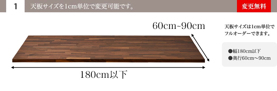 (1)天板サイズを1cm単位で変更可能です。