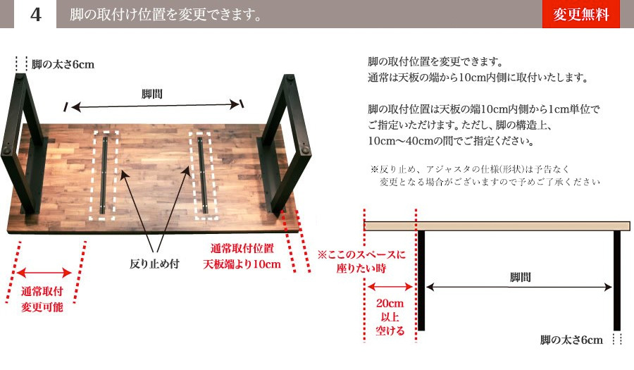 (4)脚の取付け位置を変更できます。