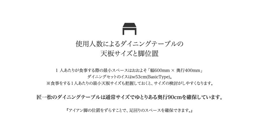 使用人数によるダイニングテーブルの天板サイズと脚位置