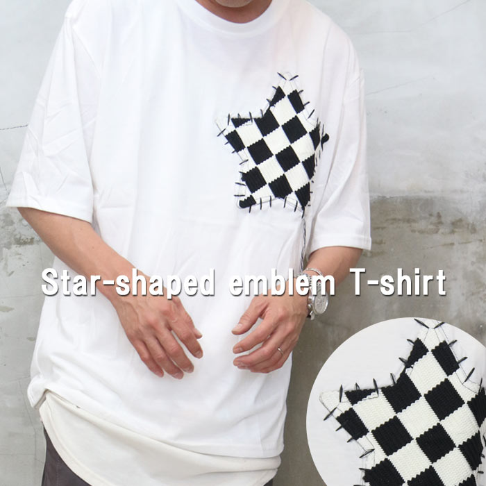 ワッペンTシャツ メンズ [M便 1/1] tシャツ 星柄Tシャツ チェックT