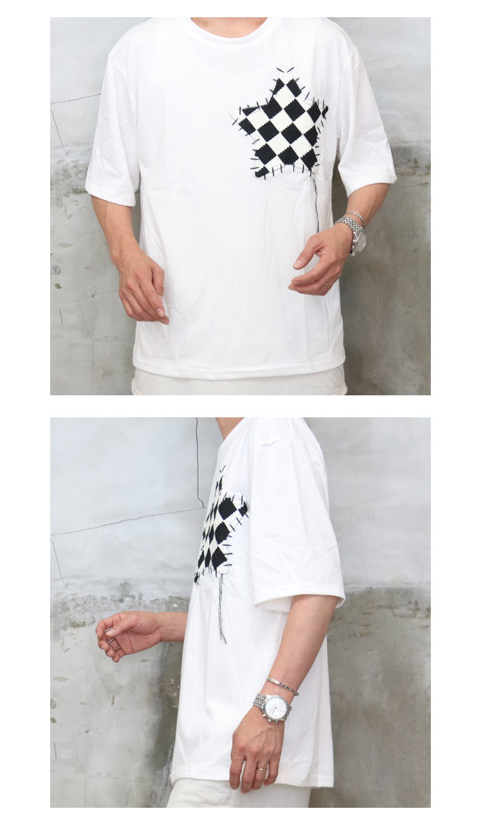 ワッペンTシャツ メンズ [M便 1/1] tシャツ 星柄Tシャツ チェックT