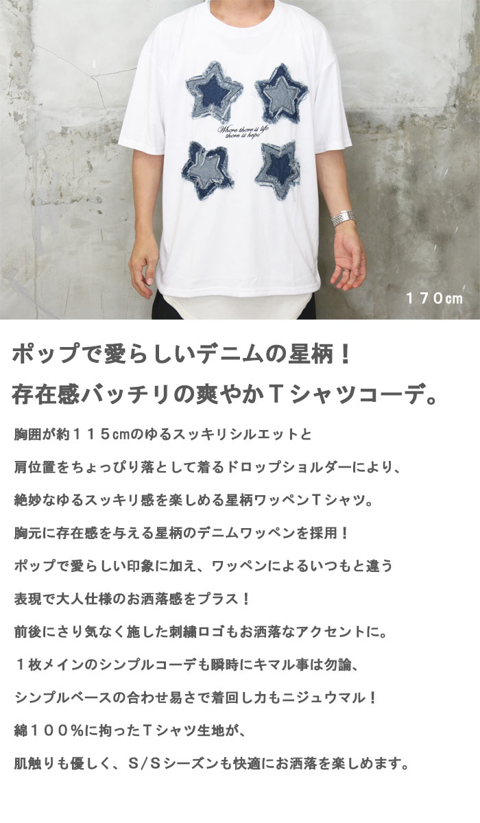 星柄ワッペンTシャツ メンズ [M便 1/1] tシャツ 半袖Tシャツ 5分袖T