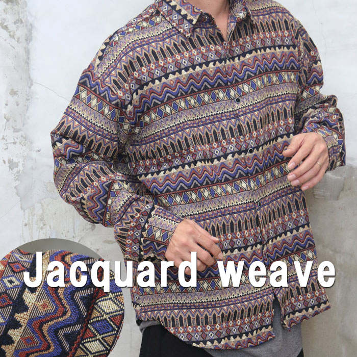 ジャガード織総柄シャツ メンズ ジャガードシャツ シャツ 長袖シャツ