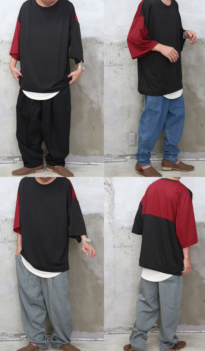 半袖Tシャツ メンズ バイカラー ショルダーパット ゆったり 2色 半袖Tシャツ メンズ バイカラー ショルダーパット ゆったり 2色