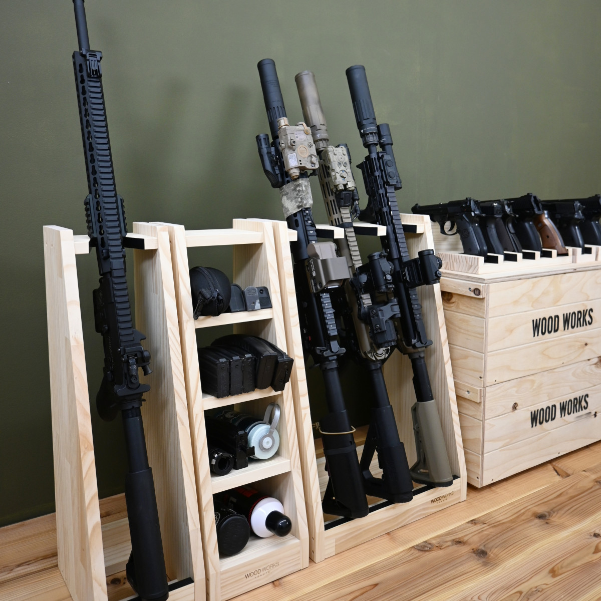 ガンラック　ハンドガン・ライフル銃用収納　木製ライフルスタンド2点セット 楽天市場】月間優良ショップ連続受賞 WOODWORKS ガンラック 3丁掛 （色