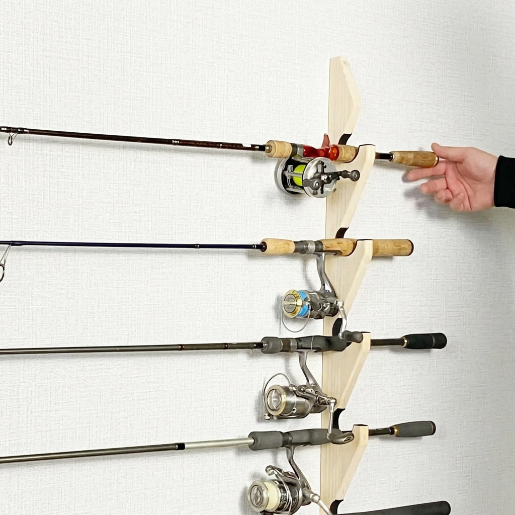 WOODWORKS ロッドスタンド 壁掛け 5本掛 木製 日本製 【 釣竿 収納