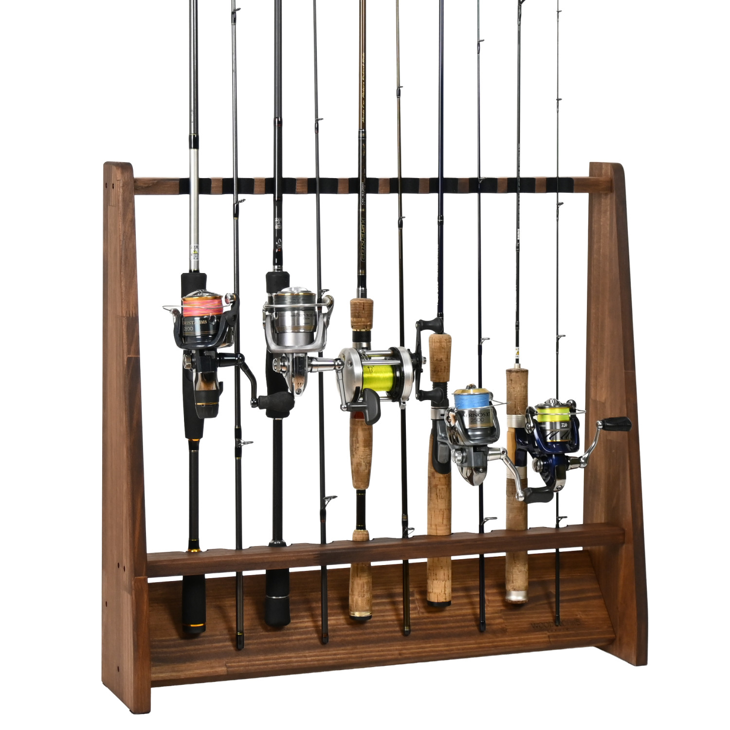 ロッドスタンド 10本 炙り加工 一体式リール&ルアースタンド 4段 完成品 WOODWORKS ロッドスタンド 10本掛 (色：ブラウン) 木製 日本製 片面