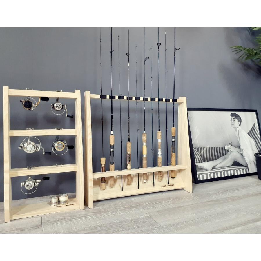ロッドスタンド 10本
一体式リール&ルアースタンド 3段
国産ヒノキ製
完成品 WOODWORKS ロッドスタンド 10本掛 (色：ナチュラル) 木製 日本製