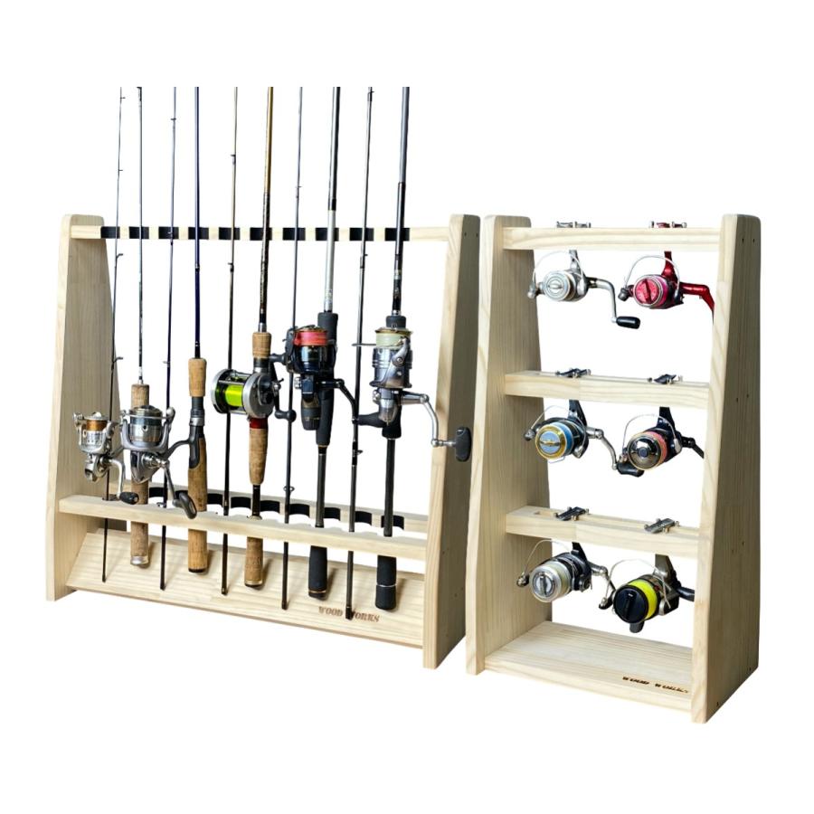 ロッドスタンド 5本　リールスタンド 国産ヒノキ製 小物置き&脚付き 完成品 otento3_6hinoki-stand-1