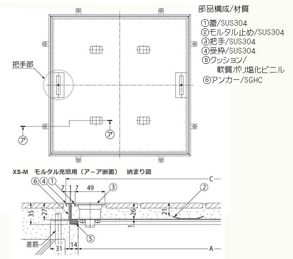 カネソウ フロアーハッチ 歩行用/ MSXS-M 350 / 把手ロック式