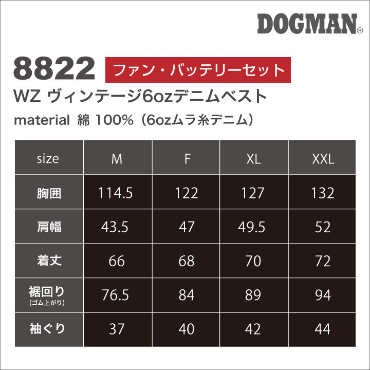 デニムベスト DOGMAN フルセット 12V専用ハイパワーファン バッテリーユニット WIND ZONE 作業着 ファン付きベスト chusan  ベスト 春夏 空調作業服 cs-8822-l