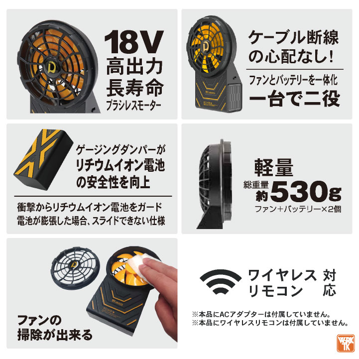 空調服　 18V対応 ファン2個・ケーブル1本・ケーブル1本・充電アダプター1個 18V FA23112 シリーズ 空調ファン 対応 Type-C昇圧 アダプター 16V L型