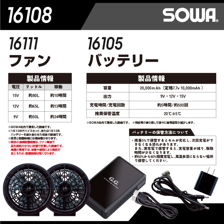 新品【SOWA G.G.】空調服用デバイスセット/風量80リットルで10時間稼働 SOWA（ソーワ） SOWA 15V ファンバテリーセット 10時間稼働 空調作業服