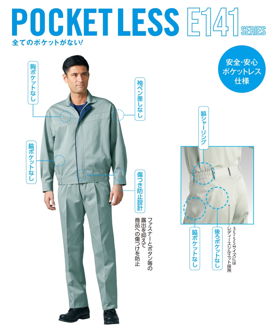 作業服 作業着 ポケットレスブルゾン パンツ E141 E151 秋冬用 男性用 JIST8118適合 帯電防止 異物混入防止 危険物持ち込み防止 持ち出し防止 上下セット | Asahicho | 01