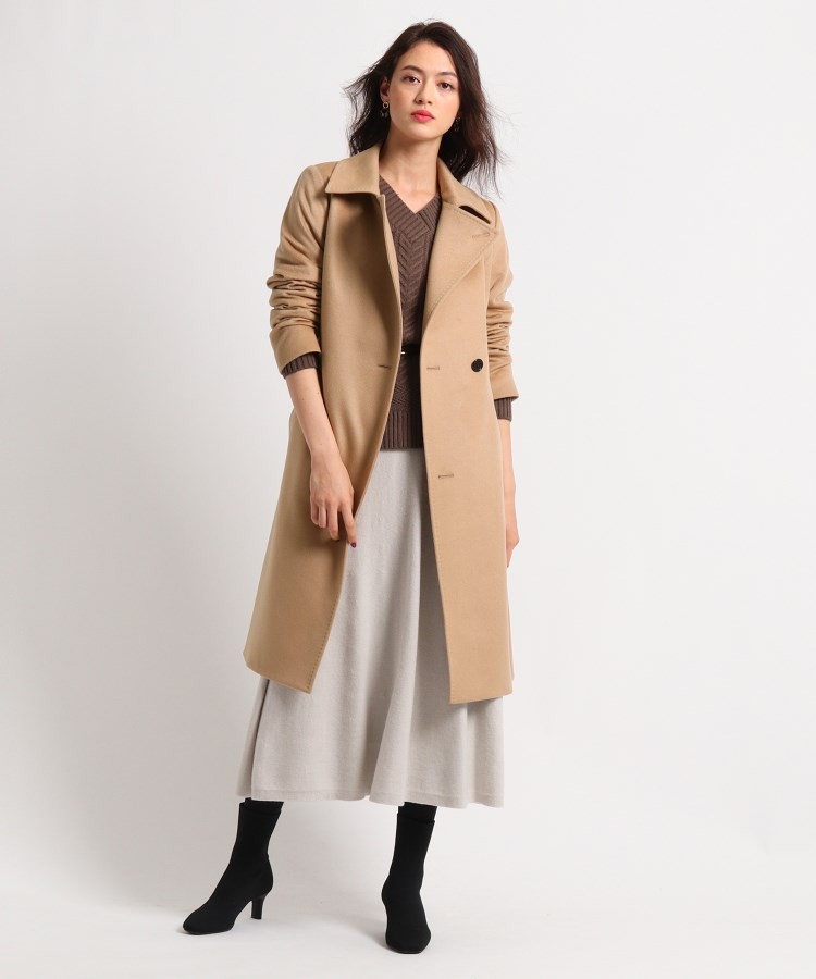 【INDIVI】カシミヤ100%ロングコートベルト付き 美品ステンカラー38M 美品 インディヴィ カシミヤ混 スタンドカラー ベルテッドコート