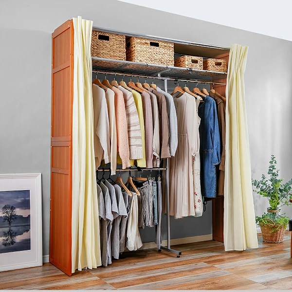 木製伸縮式クローゼットハンガー 棚付き 伸縮ハンガーラック カーテン